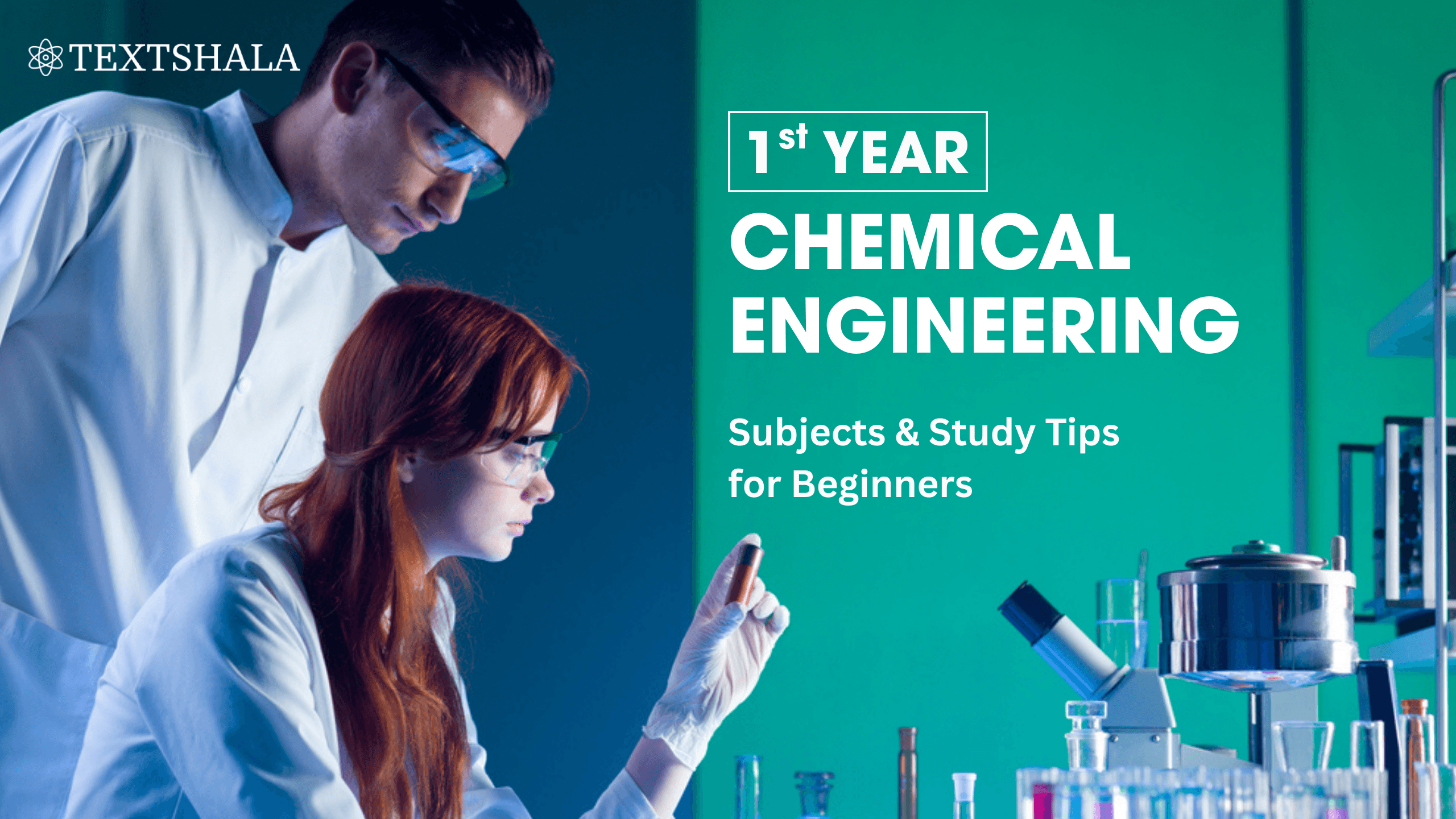 This image shows two people in a laboratory one examining a test tube while the other observes highlighting a hands-on chemistry experiment. The text beside them promotes “1st Year Chemical Engineering” with subjects and study tips for beginners, presenting it as an educational banner for TextShala.
