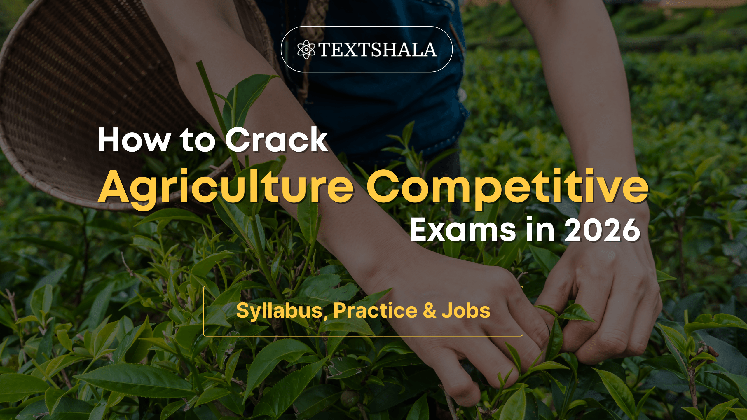 Banner by Textshala titled ‘How to Crack Agriculture Competitive Exams in 2026 Syllabus, Practice & Jobs’ over an image of hands harvesting green tea leaves in a field with a basket in the background.