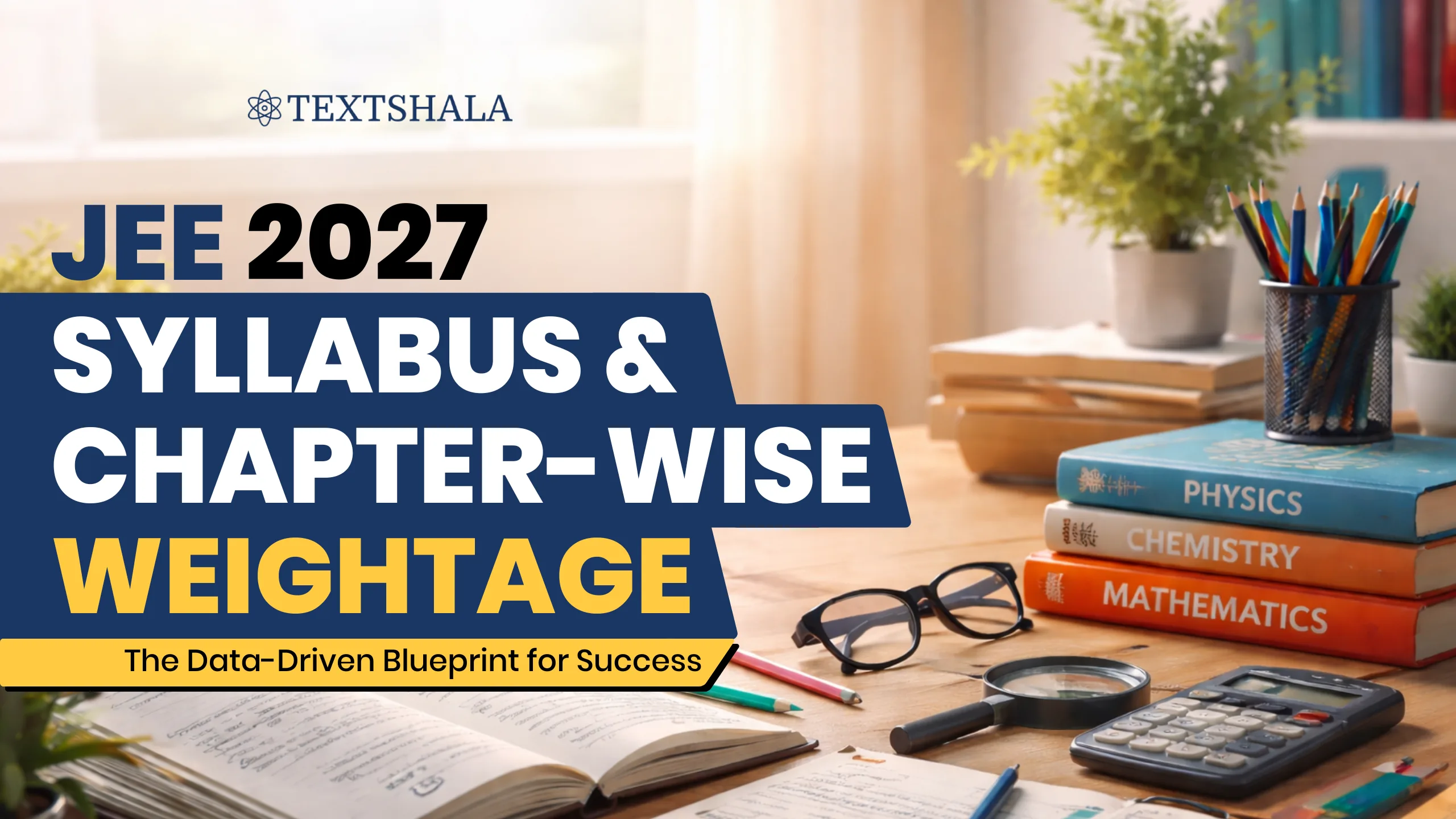 Blog banner for JEE 2027 syllabus and chapter-wise weightage featuring the Textshala logo, headline text, and a study desk setup with Physics, Chemistry, and Mathematics books, notebook, calculator, glasses, and stationery.